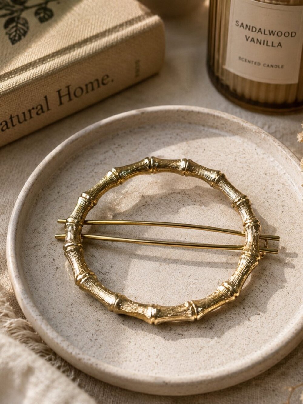 Vintage Gold Tone Bamboo Circle Hair Clip Barrette Retro Boho Hair Accessory